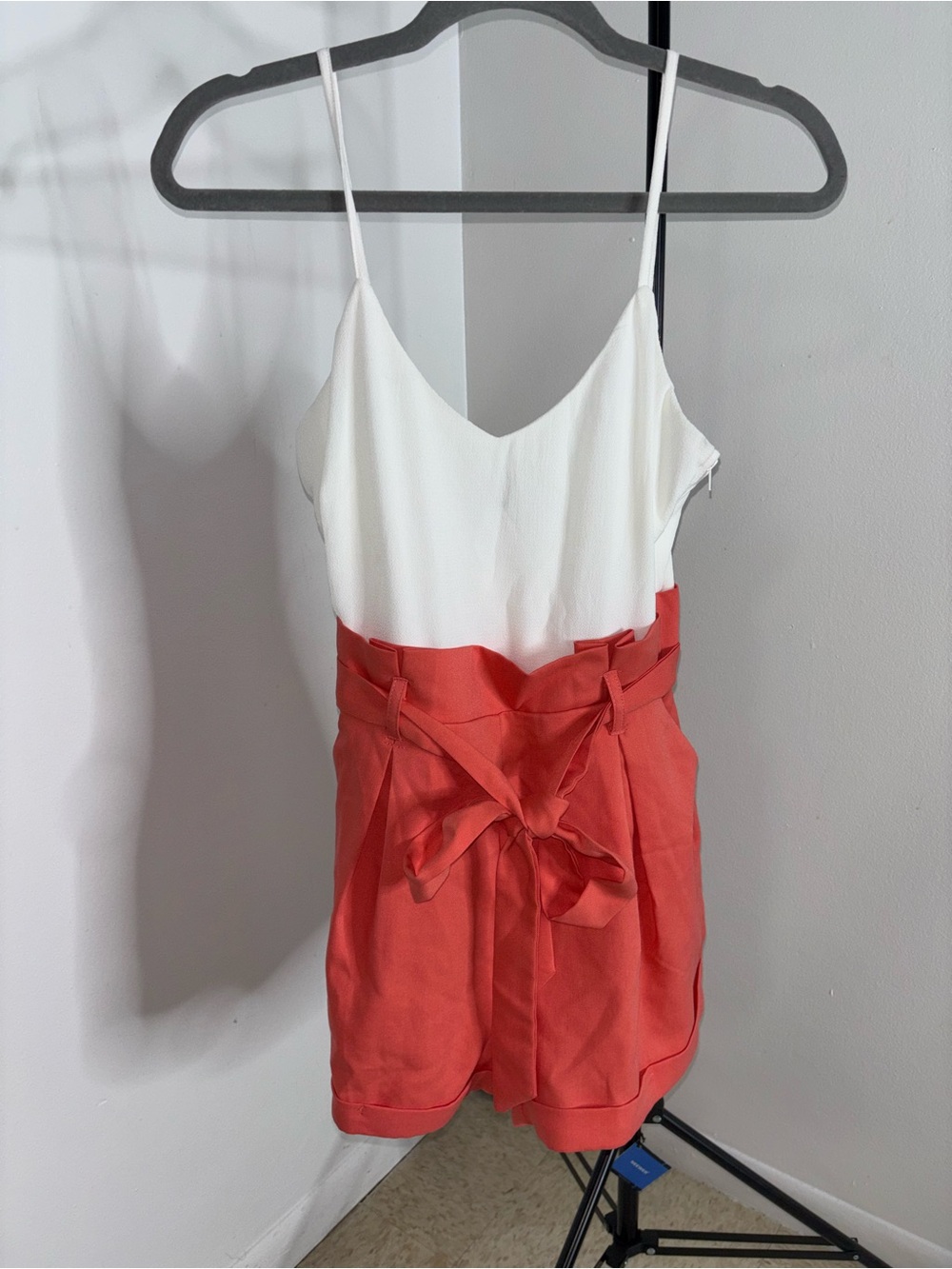 Windsor White & Coral Tie-Waist Cami Romper